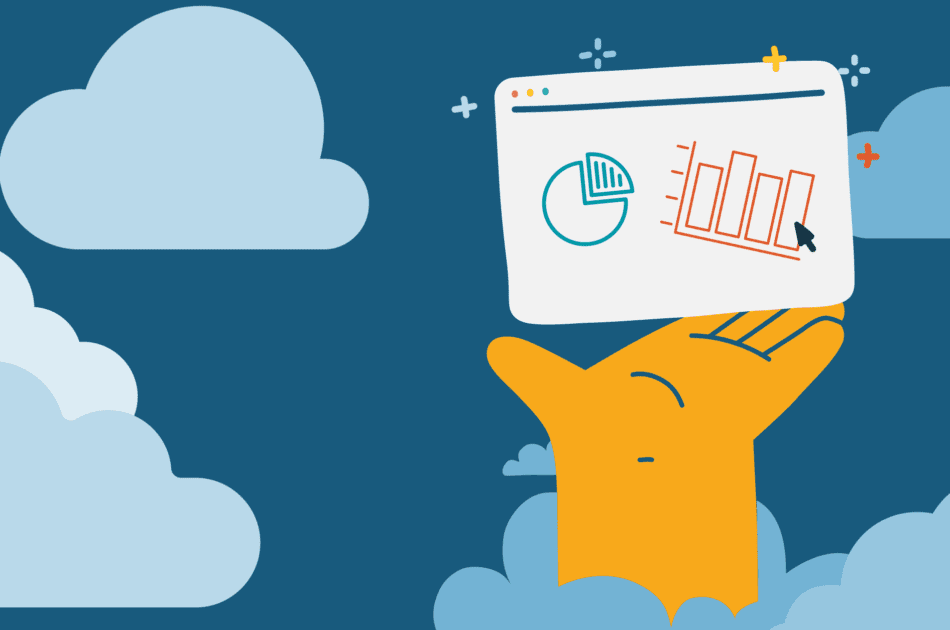 illustration of a hand coming out of the clouds holding a webpage with charts